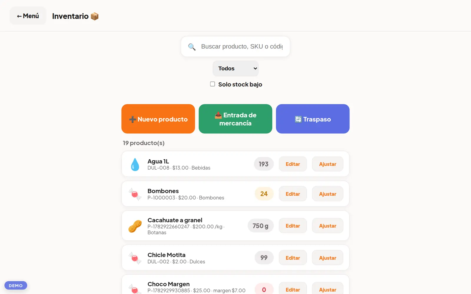 Control de inventario en Delogy POS con existencias y alertas de stock