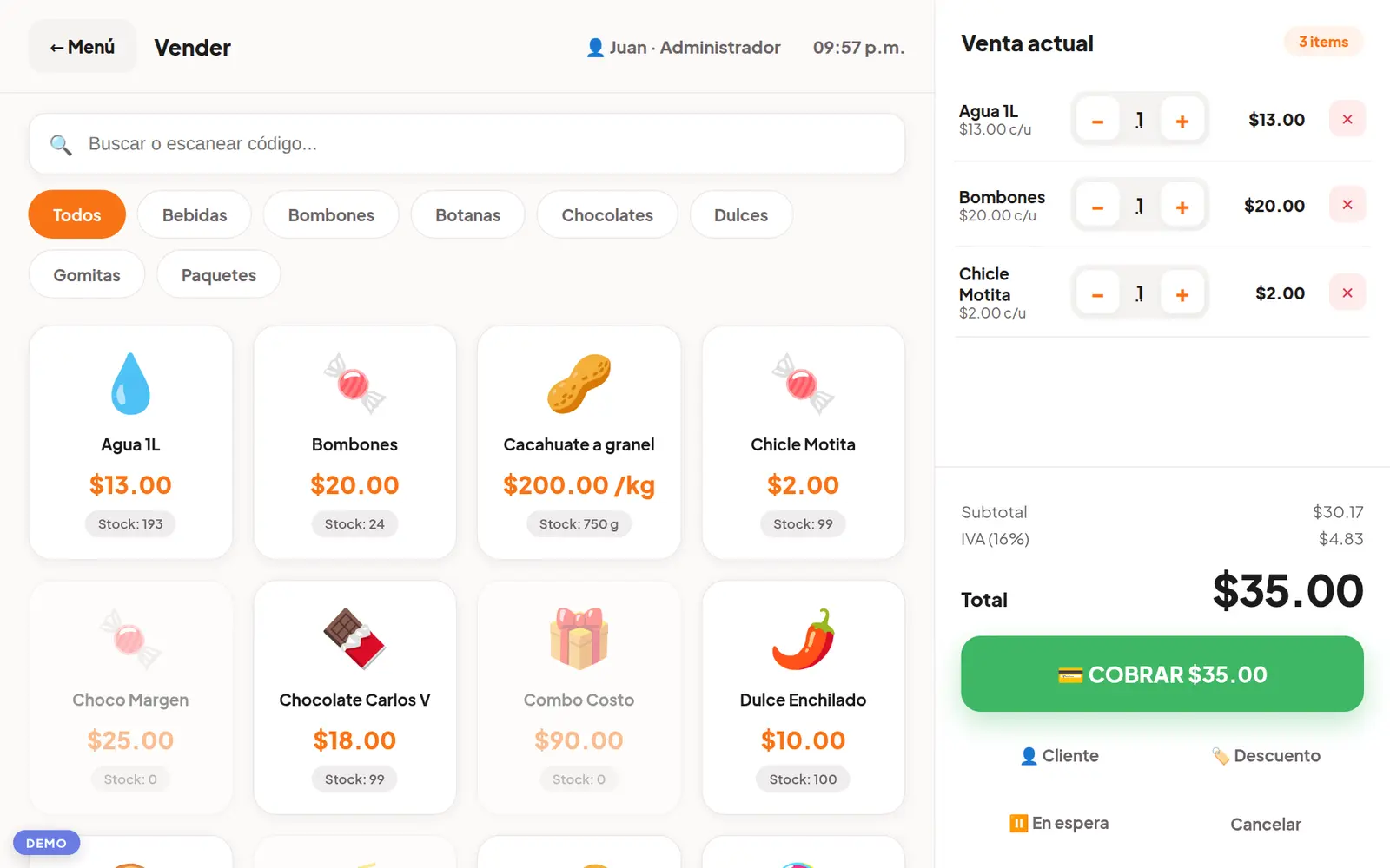 Pantalla de venta de Delogy POS con catálogo de productos y carrito de compra